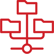 Three red files linked together in a hierarchy icon.