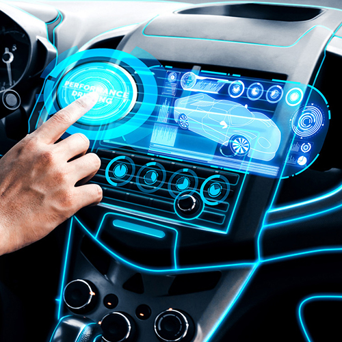 A futuristic, holographic digital display in a car, tile card.